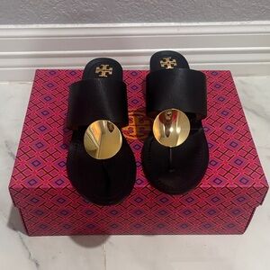 Tory Burch Black Sandals with Gold Accents